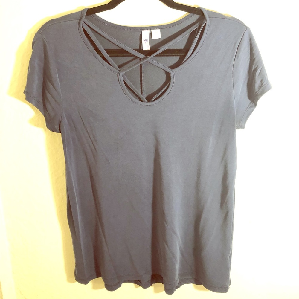 Navy short sleeve top with lace front